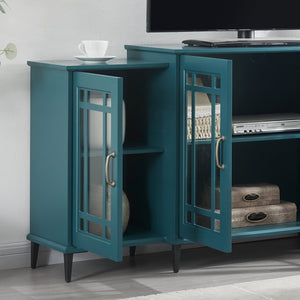 English Elm 62" Teal Blue Buffet Cabinet with Tempered Glass, Carved Doors, Adjustable Shelves & Anti-Tip Safety W96570022