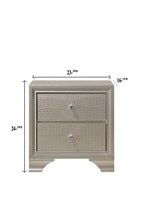 English Elm 1pc Glam Modern Nightstand with Embossed Crocodile Finish, Two Drawers, Dustproof Base & Buttons Champagne 25.6 L x 18.4 W x 26.3 H B01181032