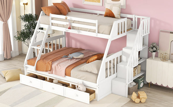 English Elm Twin-over-full Bunk Bed with Storage Staircase Drawers and Pine Wood Frame LT000223AAK