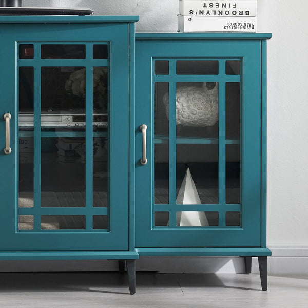 English Elm 62" Teal Blue Buffet Cabinet with Tempered Glass, Carved Doors, Adjustable Shelves & Anti-Tip Safety W96570022