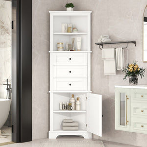 English Elm White Triangle Tall Cabinet 3-Drawer with Adjustable Shelves, Anti-Dump, MDF Painted Finish, Slim Corner Storage for Bathroom Kitchen Living Room N725P247409K