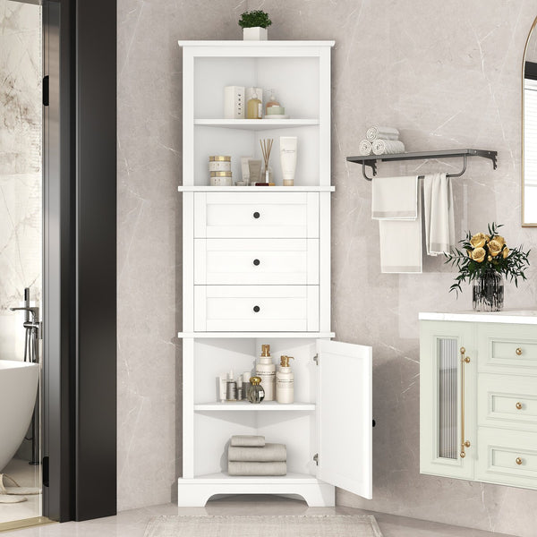 English Elm White Triangle Tall Cabinet 3-Drawer with Adjustable Shelves, Anti-Dump, MDF Painted Finish, Slim Corner Storage for Bathroom Kitchen Living Room N725P247409K
