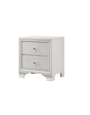 English Elm 1 Piece Modern Glam Style Crisp White Finish Two Drawer Nightstand Embossed Crocodile Pattern