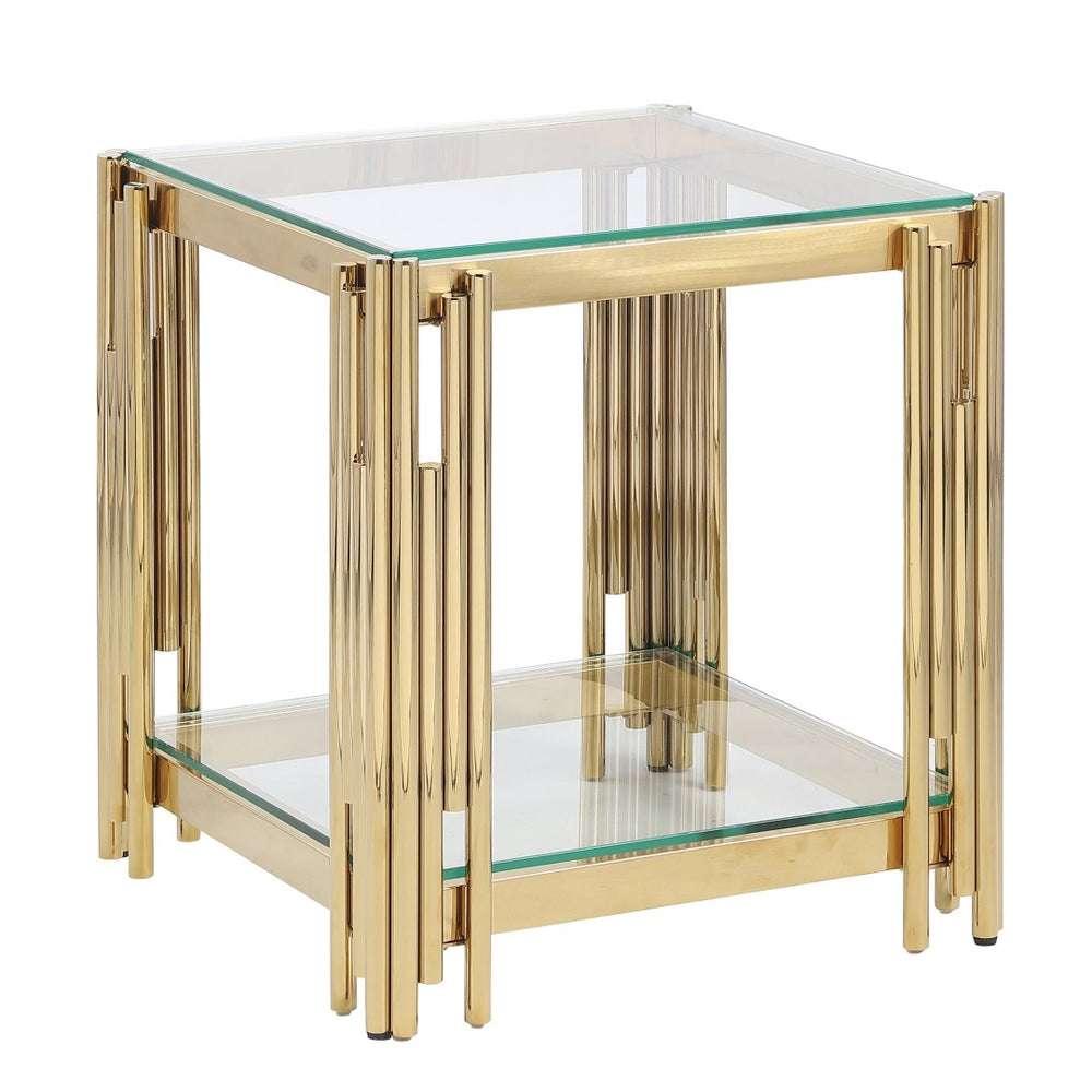 English Elm Woker Square Tempered Glass End Table Golden Steel Frame Modern Living Room Accent W156769754