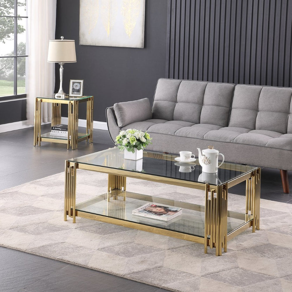 English Elm Woker Dual Tempered Glass Rectangular Coffee Table Gold Steel Frame Living Room W1567S00007