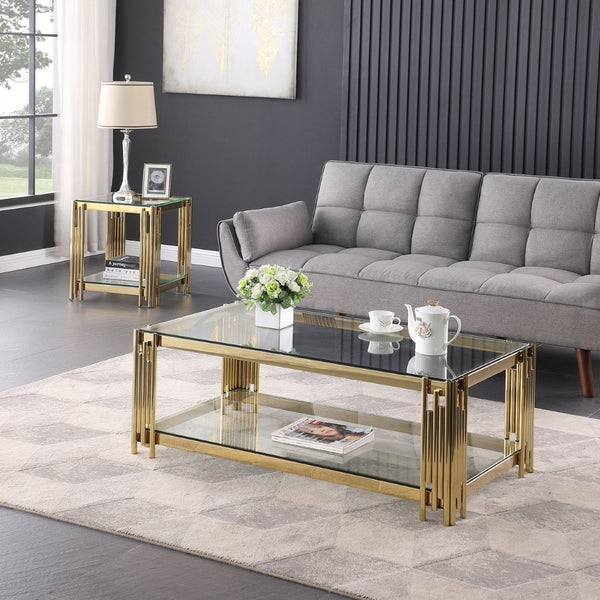 English Elm Woker Dual Tempered Glass Rectangular Coffee Table Gold Steel Frame Living Room W1567S00007