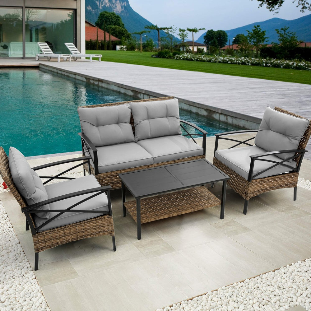 English Elm Patio 4 Piece Sectional Low Dining Conversation Sofa Set with Thick Cushions, Steel Table, Easy Assembly and Durable Rattan Wicker for Outdoor Living Grey W640S00032