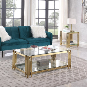English Elm Woker Dual Tempered Glass Rectangular Coffee Table Gold Steel Frame Living Room W1567S00007
