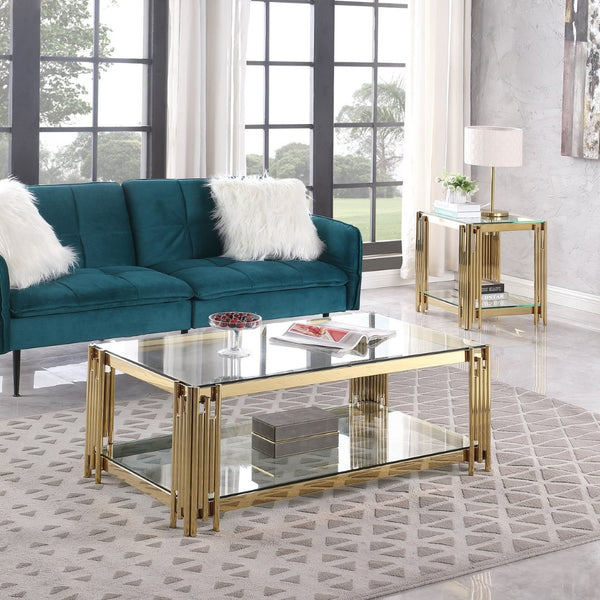 English Elm Woker Dual Tempered Glass Rectangular Coffee Table Gold Steel Frame Living Room W1567S00007