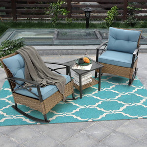 English Elm 3pcs outdoor rocking rattan set with sturdy steel frame, weatherproof wicker and cozy cushions for relaxing Blue W640134153