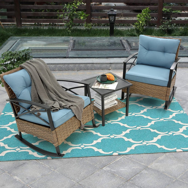 English Elm 3pcs outdoor rocking rattan set with sturdy steel frame, weatherproof wicker and cozy cushions for relaxing Blue W640134153