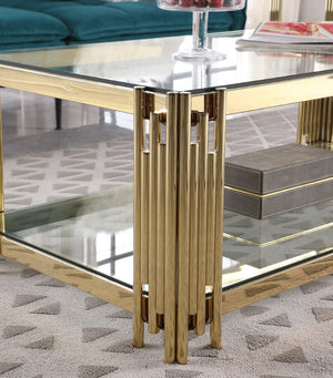 English Elm Woker Dual Tempered Glass Rectangular Coffee Table Gold Steel Frame Living Room W1567S00007