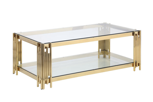English Elm Woker Dual Tempered Glass Rectangular Coffee Table Gold Steel Frame Living Room W1567S00007