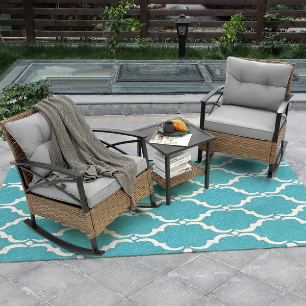 English Elm 3pcs outdoor rocking rattan set with sturdy steel frame, weatherproof wicker and cozy cushions for relaxing Grey W640134152