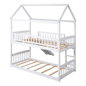 English Elm Twin Over Playhouse Bunk Bed with Built in Slide Solid Pine Kids Frame LT100213AAK-1