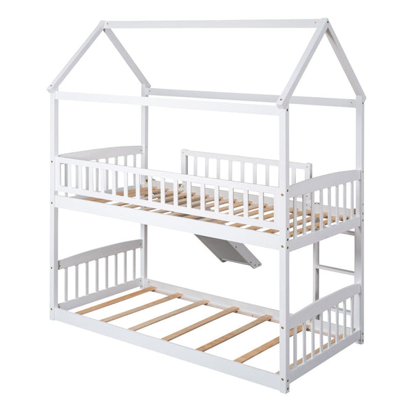 English Elm Twin Over Playhouse Bunk Bed with Built in Slide Solid Pine Kids Frame LT100213AAK-1