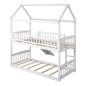 Hearth and Haven Haroldene Twin over Twin House Bunk Bed with Slide, White LT100213AAK