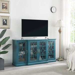 English Elm 63" Teal Blue Sideboard Buffet TV Stand with Carved Doors, Glass Panels, Adjustable Shelves, Anti-Tip W96570012