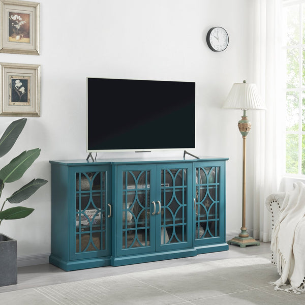 English Elm 63" Teal Blue Sideboard Buffet TV Stand with Carved Doors, Glass Panels, Adjustable Shelves, Anti-Tip W96570012