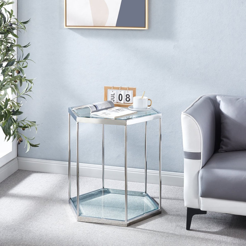 English Elm Modern Two Tier Tempered Glass End Table with Polished Stainless Steel Frame W124181351
