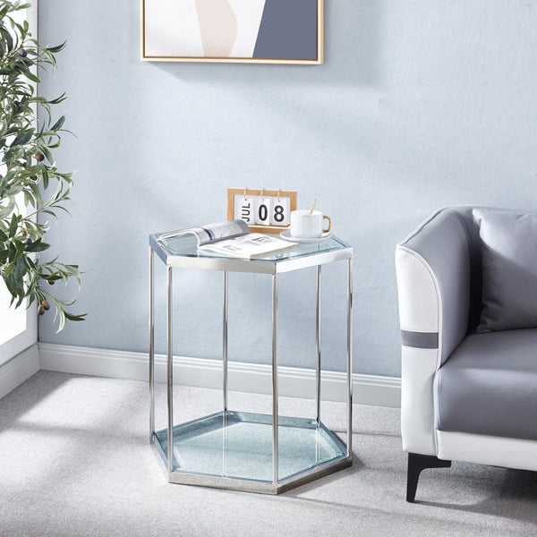 English Elm Modern Two Tier Tempered Glass End Table with Polished Stainless Steel Frame W124181351