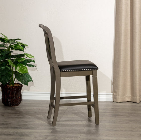 English Elm 24" Counter Stool In Weathered Gray & Black Leather - Farmhouse Charm With Modern Comfort & Style B04681330