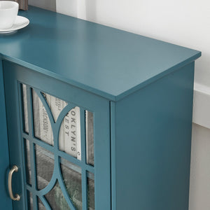 English Elm 63" Teal Blue Sideboard Buffet TV Stand with Carved Doors, Glass Panels, Adjustable Shelves, Anti-Tip W96570012
