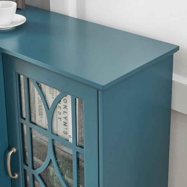 English Elm 63" Teal Blue Sideboard Buffet TV Stand with Carved Doors, Glass Panels, Adjustable Shelves, Anti-Tip W96570012