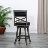 English Elm 24" Counter Height X-Back Swivel Stool, Weathered Gray Finish, Black Leather Seat