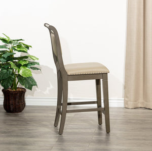 English Elm 24" Counter Stool - Rustic Weathered Gray Wood & French Gray Leather Seat For Farmhouse Charm B04681331