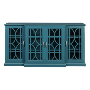 English Elm 63" Teal Blue Sideboard Buffet TV Stand with Carved Doors, Glass Panels, Adjustable Shelves, Anti-Tip W96570012