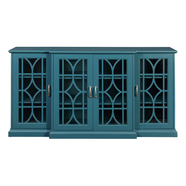 English Elm 63" Teal Blue Sideboard Buffet TV Stand with Carved Doors, Glass Panels, Adjustable Shelves, Anti-Tip W96570012