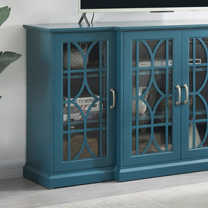 English Elm 63" Teal Blue Sideboard Buffet TV Stand with Carved Doors, Glass Panels, Adjustable Shelves, Anti-Tip W96570012