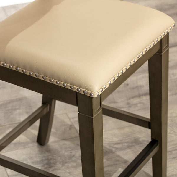 English Elm 24" Counter Stool - Rustic Weathered Gray Wood & French Gray Leather Seat For Farmhouse Charm B04681331