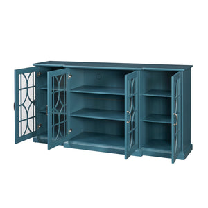 English Elm 63" Teal Blue Sideboard Buffet TV Stand with Carved Doors, Glass Panels, Adjustable Shelves, Anti-Tip W96570012
