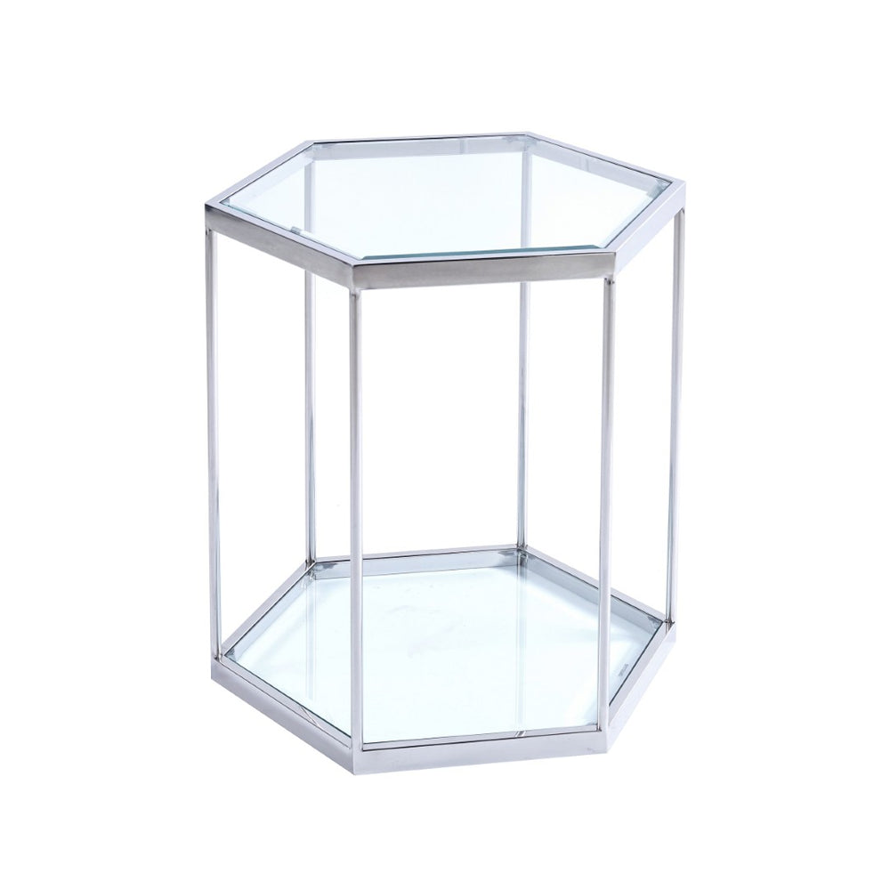 English Elm Modern Two Tier Tempered Glass End Table with Polished Stainless Steel Frame W124181351