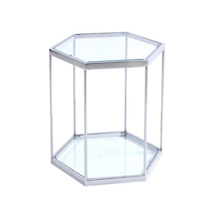 English Elm Modern Two Tier Tempered Glass End Table with Polished Stainless Steel Frame W124181351