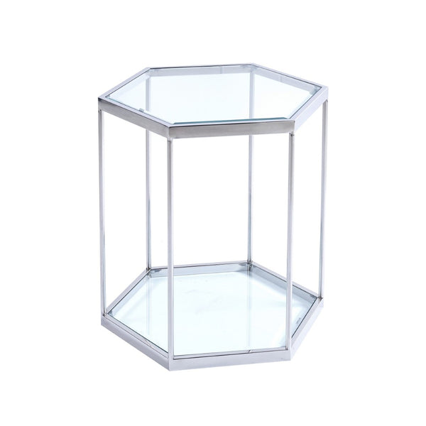 English Elm Modern Two Tier Tempered Glass End Table with Polished Stainless Steel Frame W124181351