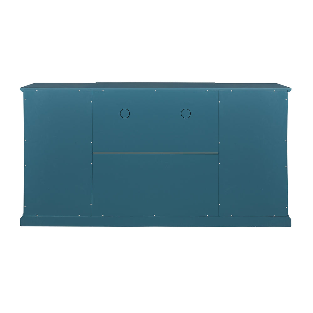 English Elm 63" Teal Blue Sideboard Buffet TV Stand with Carved Doors, Glass Panels, Adjustable Shelves, Anti-Tip W96570012