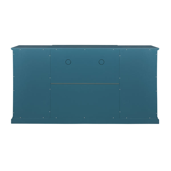 English Elm 63" Teal Blue Sideboard Buffet TV Stand with Carved Doors, Glass Panels, Adjustable Shelves, Anti-Tip W96570012