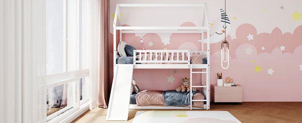 English Elm Twin Over Playhouse Bunk Bed with Built in Slide Solid Pine Kids Frame LT100213AAK-1
