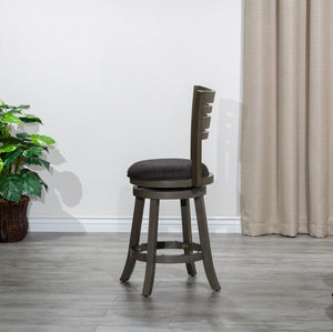 English Elm 24" Counter Height Slat Back Swivel Stool, Weathered Gray Finish, Charcoal Fabric Seat