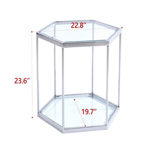 English Elm Modern Two Tier Tempered Glass End Table with Polished Stainless Steel Frame W124181351