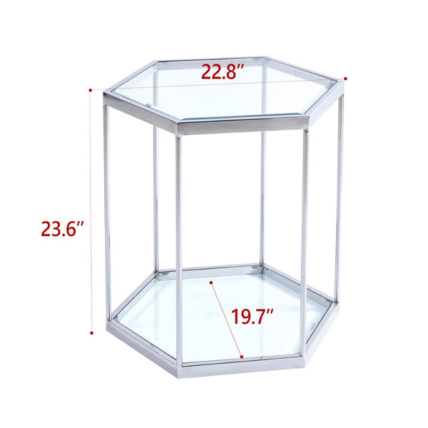 English Elm Modern Two Tier Tempered Glass End Table with Polished Stainless Steel Frame W124181351