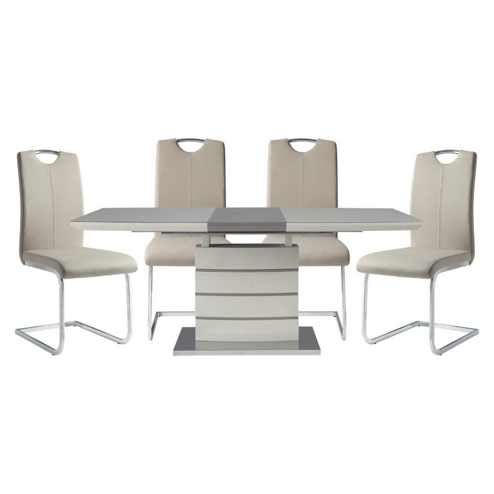 English Elm Modern High-gloss Dining Set with Extendable Table Chrome Pedestal and Four Faux Leather Chairs B011S00282