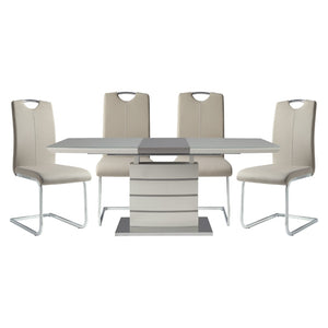 English Elm Modern High-gloss Dining Set with Extendable Table Chrome Pedestal and Four Faux Leather Chairs B011S00282