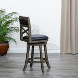 English Elm 24" Counter Height X-Back Swivel Stool, Weathered Gray Finish, Black Leather Seat