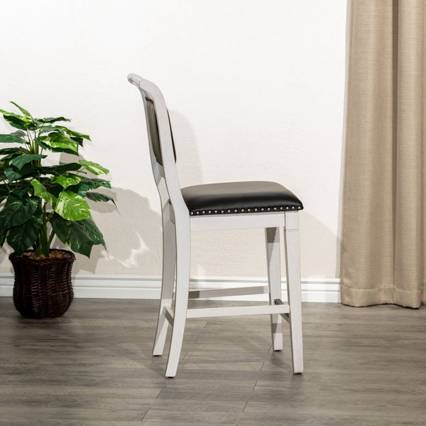 English Elm 24" Counter Stool Centennial Farmhouse Antique White with Black Leather Seat, Nailhead Trim & Wood Frame B04681329