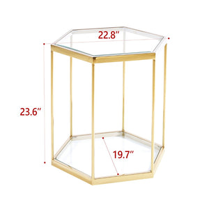 English Elm Modern Two Tier Tempered Glass End Table with Polished Stainless Steel Frame W124181356