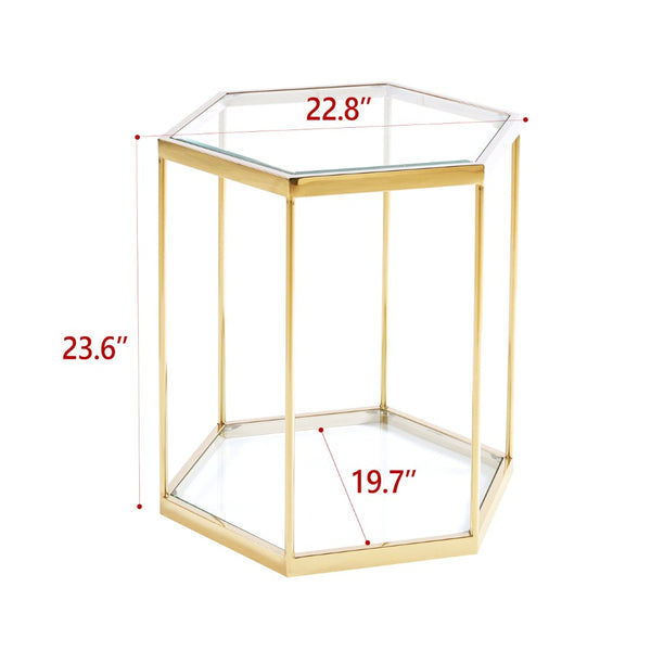 English Elm Modern Two Tier Tempered Glass End Table with Polished Stainless Steel Frame W124181356